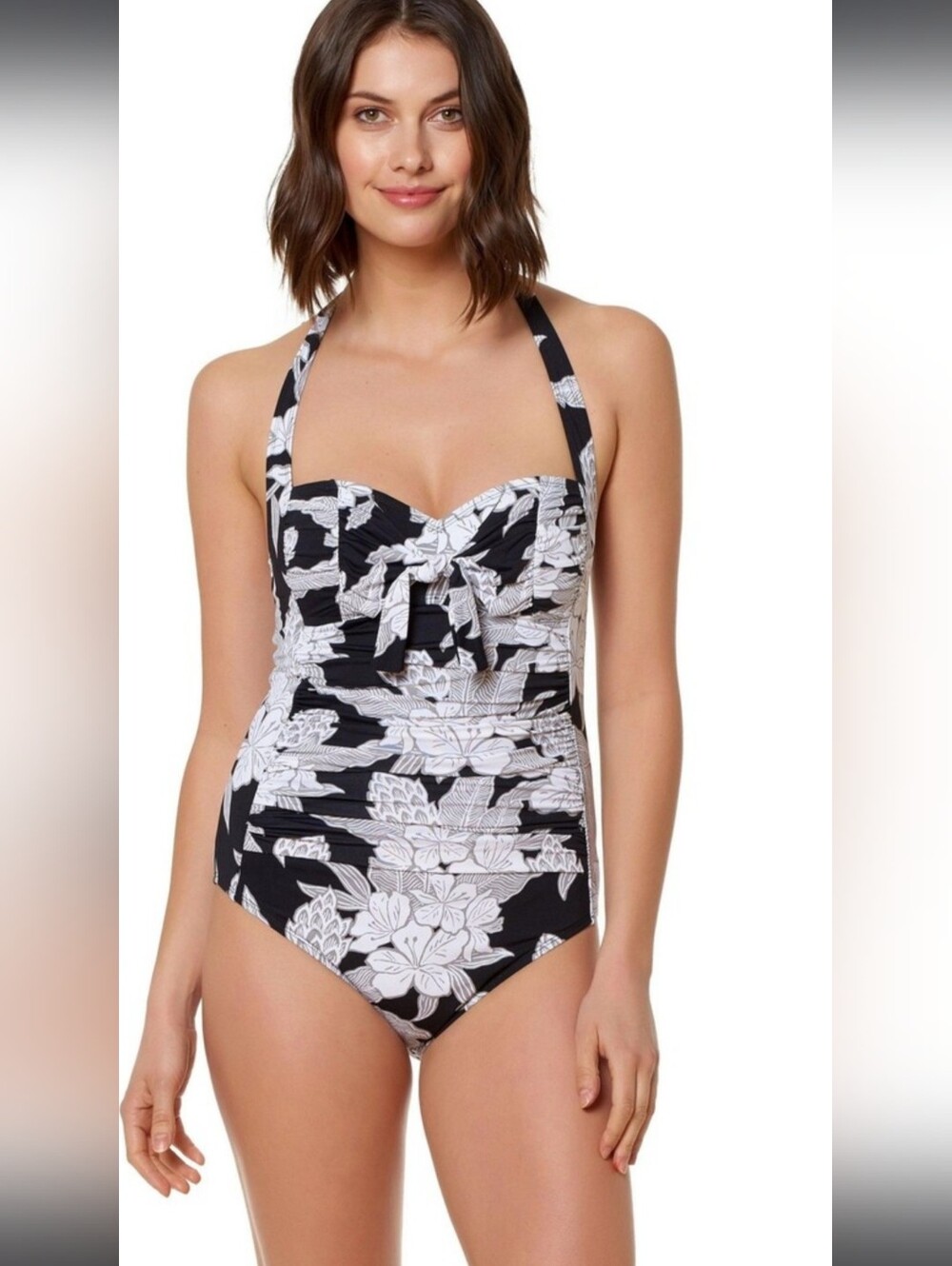 Onepiece Swimsuit Size 14 Gray Black White Floral Print Stretchy No Underwires.
